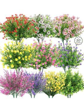 20 Bundles Fake Outdoor Flowers UV Resistant Artificial Plants Garden Decor